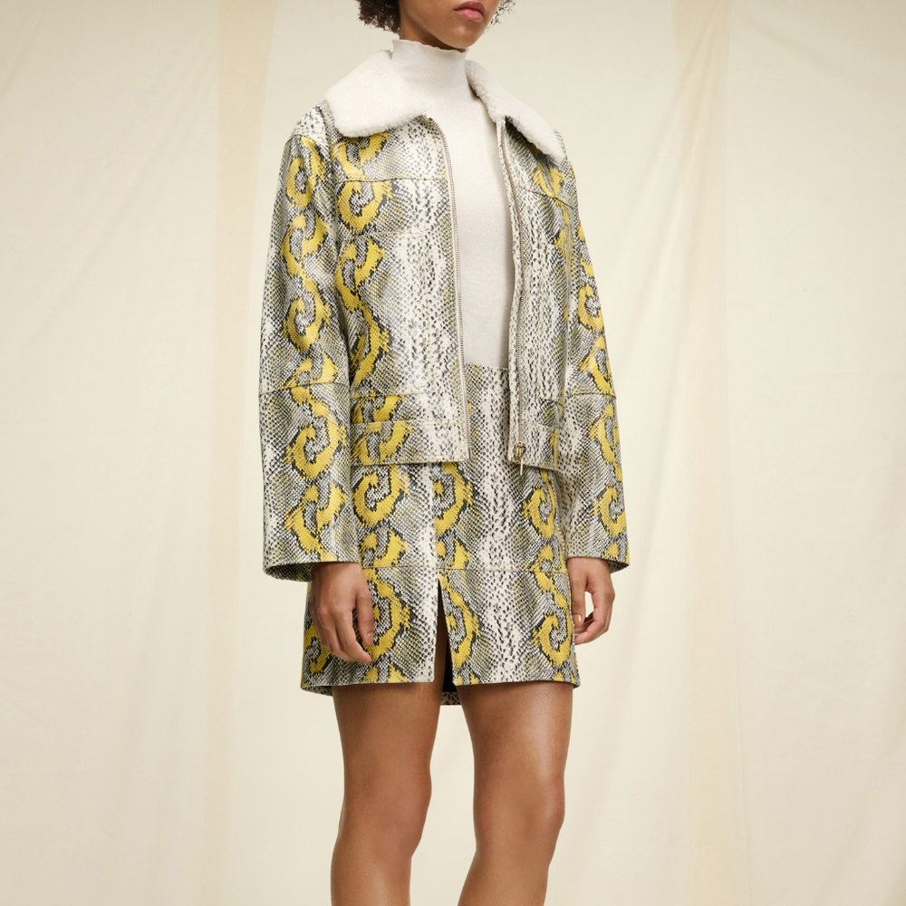 Python Leather Mini Skirt - Yellow Gray